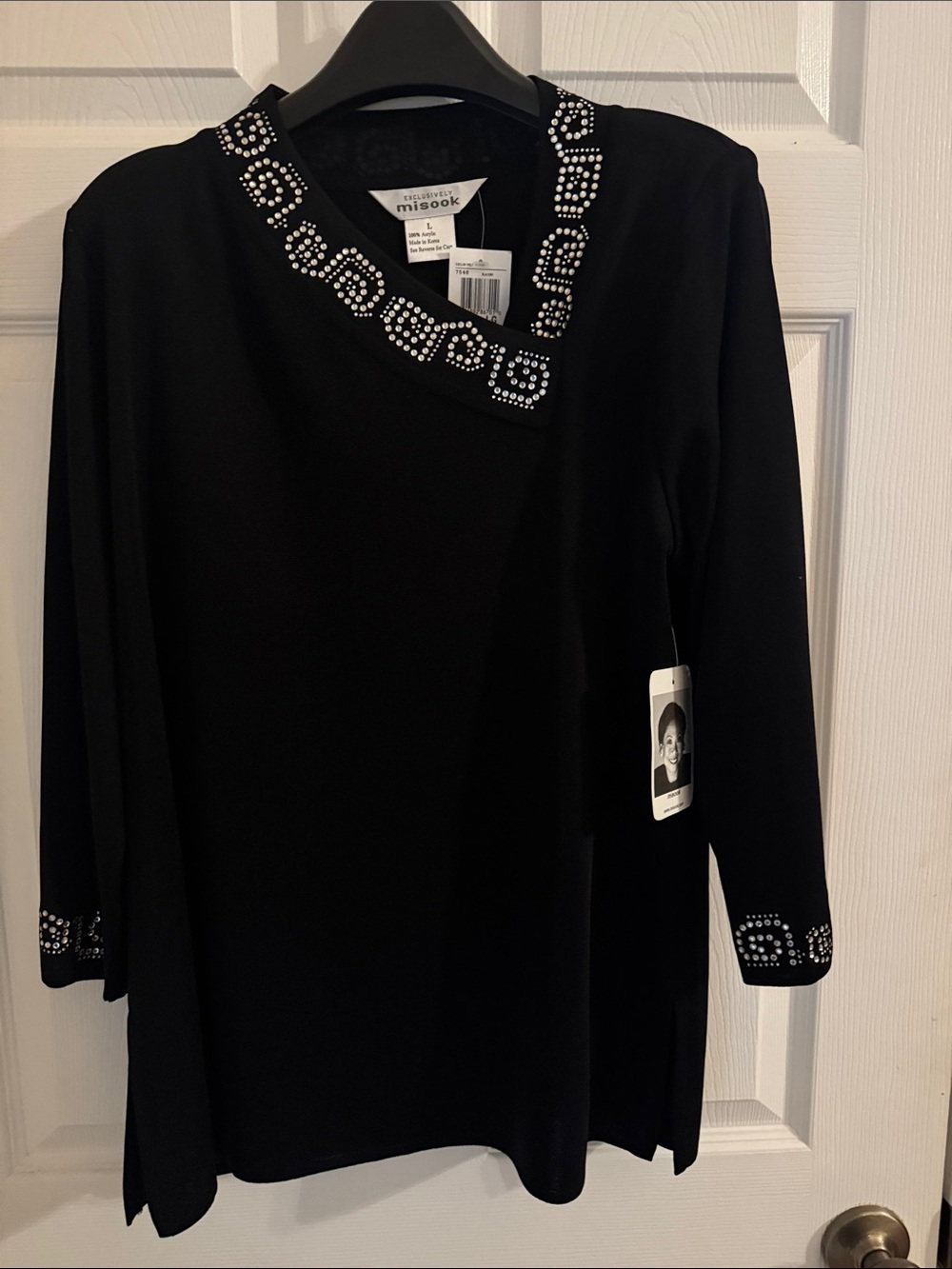 Misook Black Long Sleeve Tunic with Crystal Square Trim